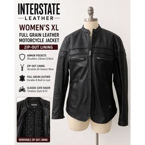 Interstate Leather Womens XL Black Full Grain Leather Cafe Racer Moto Jacket